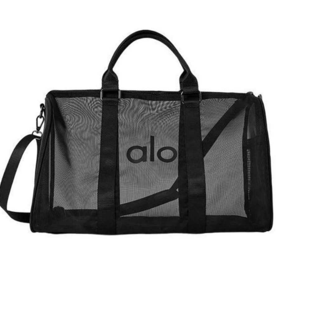 ALO Yoga mesh bag logo duffle bag weekender new straps crossbody black nwt gym